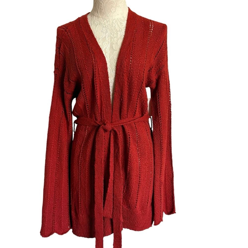 NWT Anthropologie Meadow Rue Priscilla Pointelle Cardigan S Rust Belted Boho